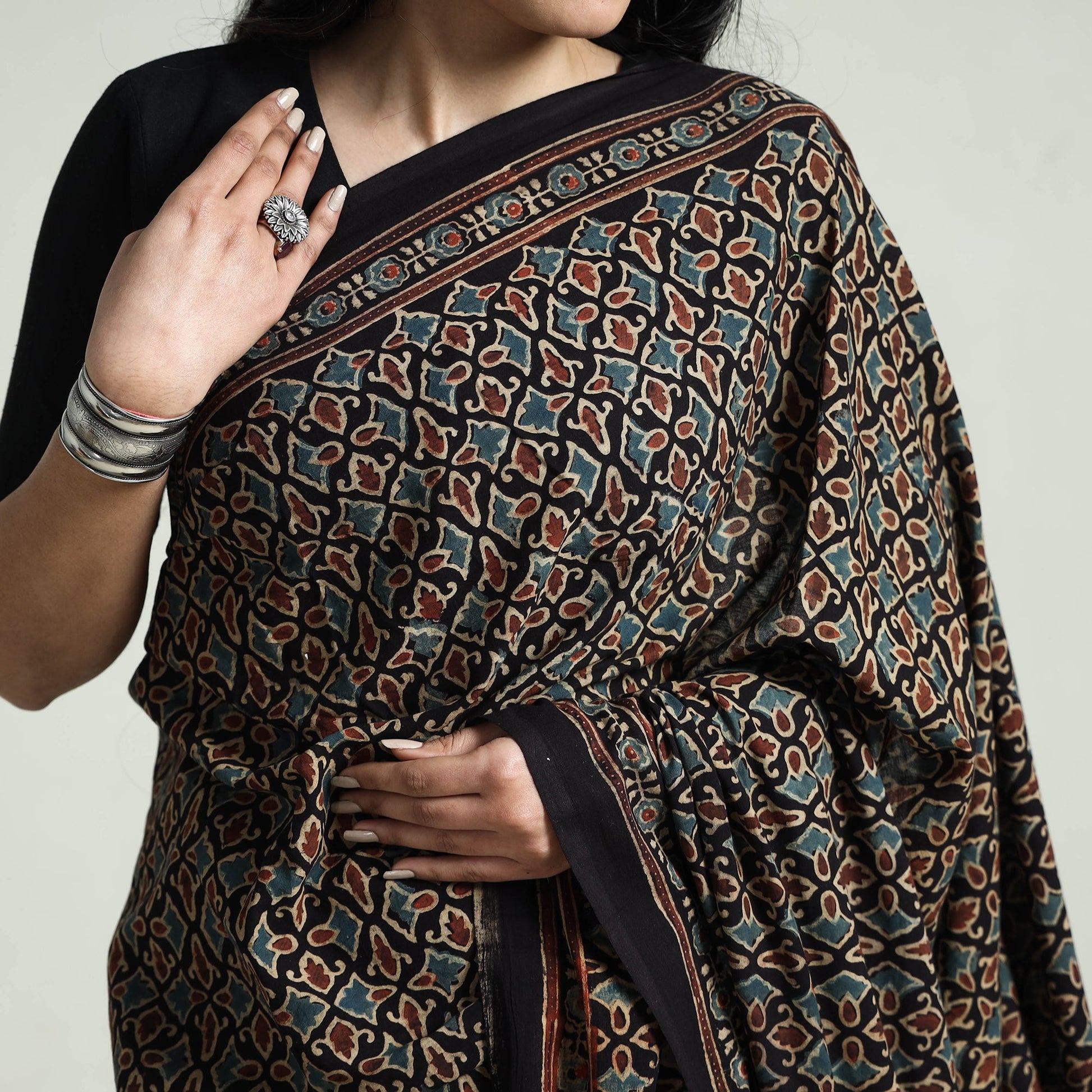 Multicolor - Ajrakh Block Printed Cotton Saree