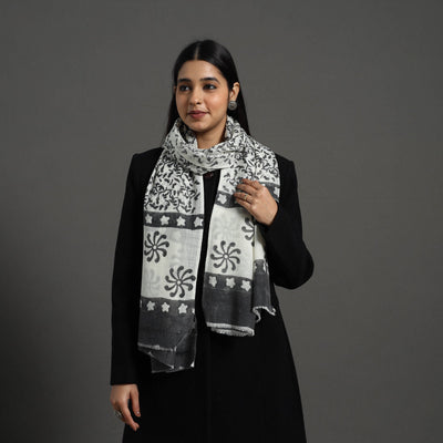 Black - Pure Wool Block Print Sanganeri Stole 48