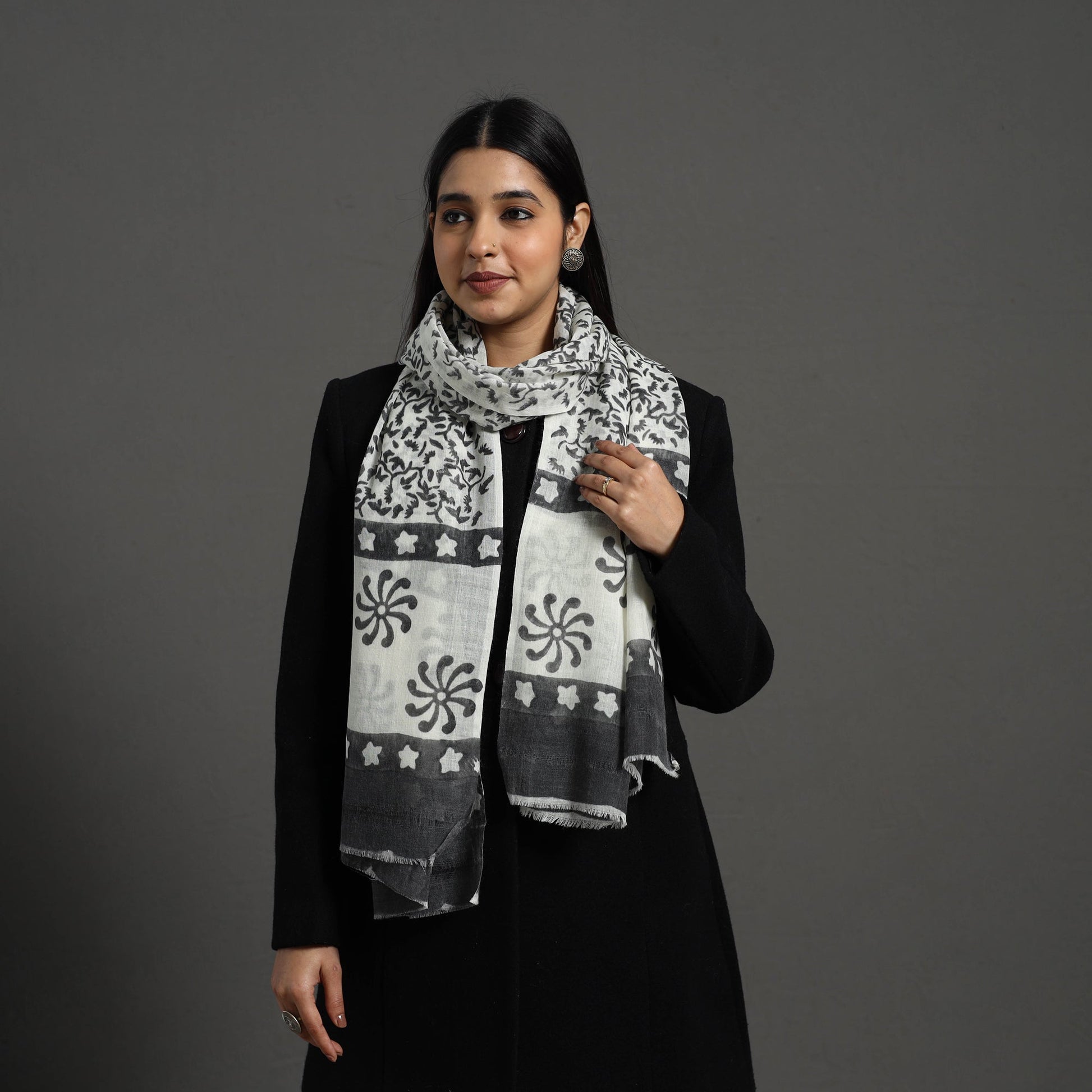 Black - Pure Wool Block Print Sanganeri Stole 48