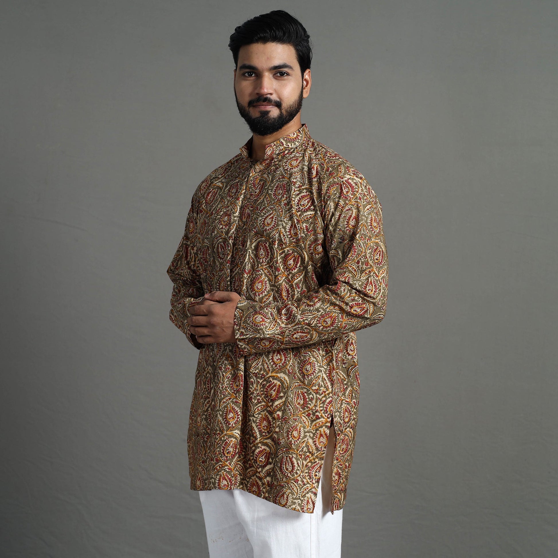 Brown - Kalamkari Block Printed Cotton Men Short Kurta