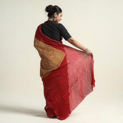 Brown - Kutch Bandhani Tie-Dye Cotton Saree with Blouse Piece