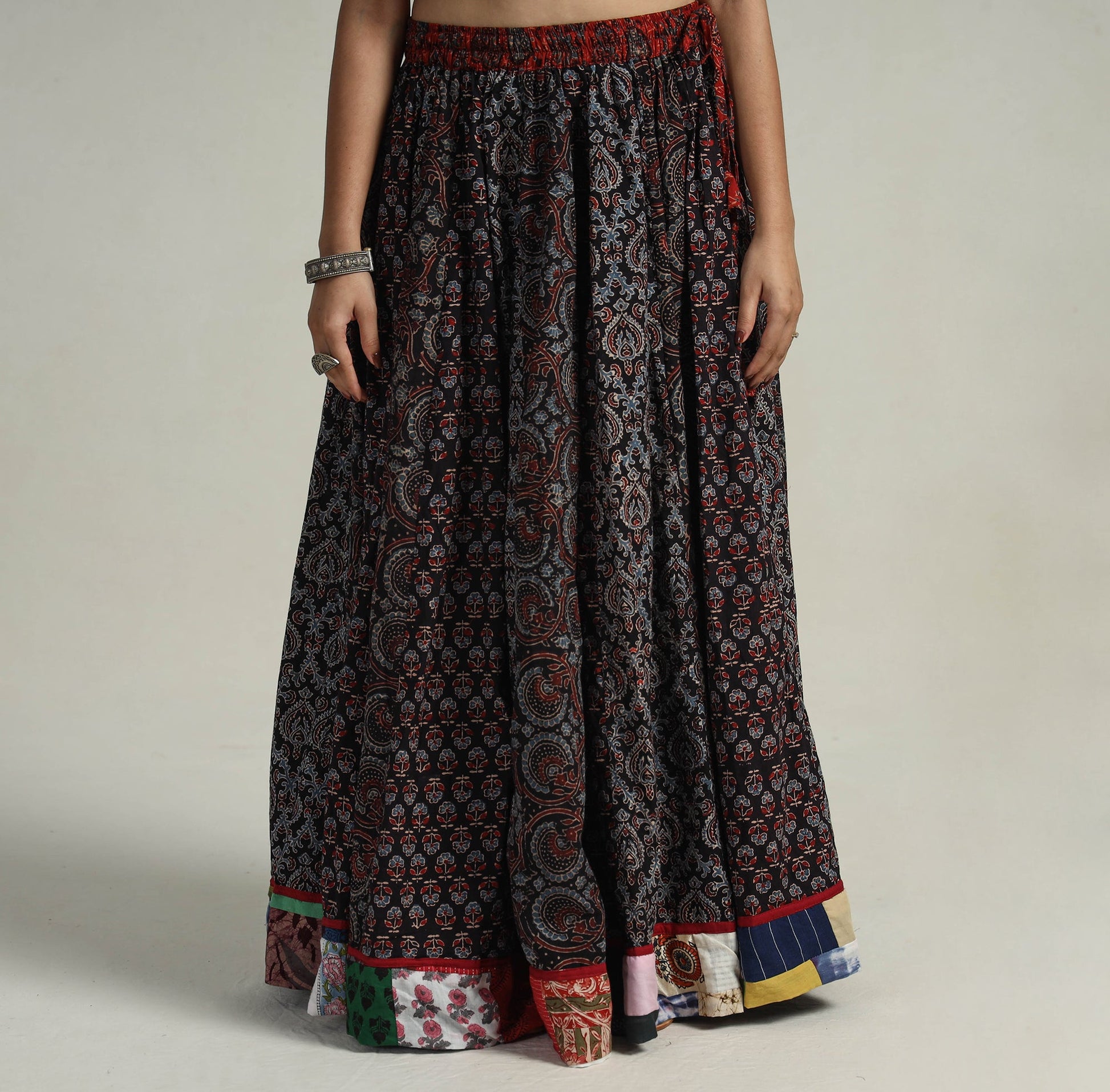 Black - Kutch Block Printed 24 Kali Cotton Long Skirt 03