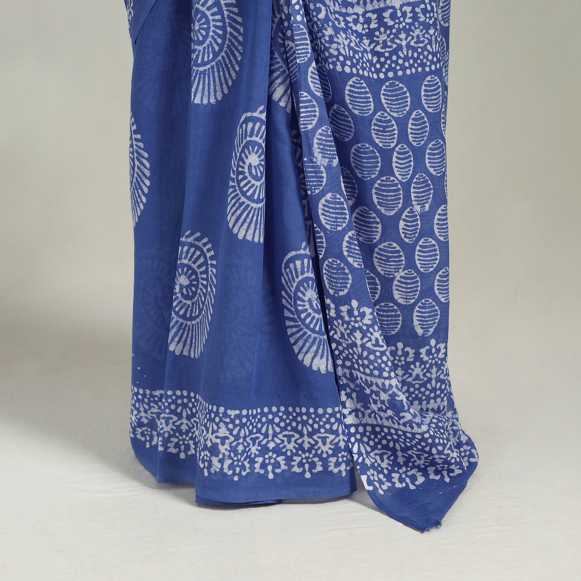 Blue - Cotton Hand Batik Print Saree 05