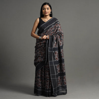 Brown - Pochampally Ikat Weave Handloom Cotton Saree