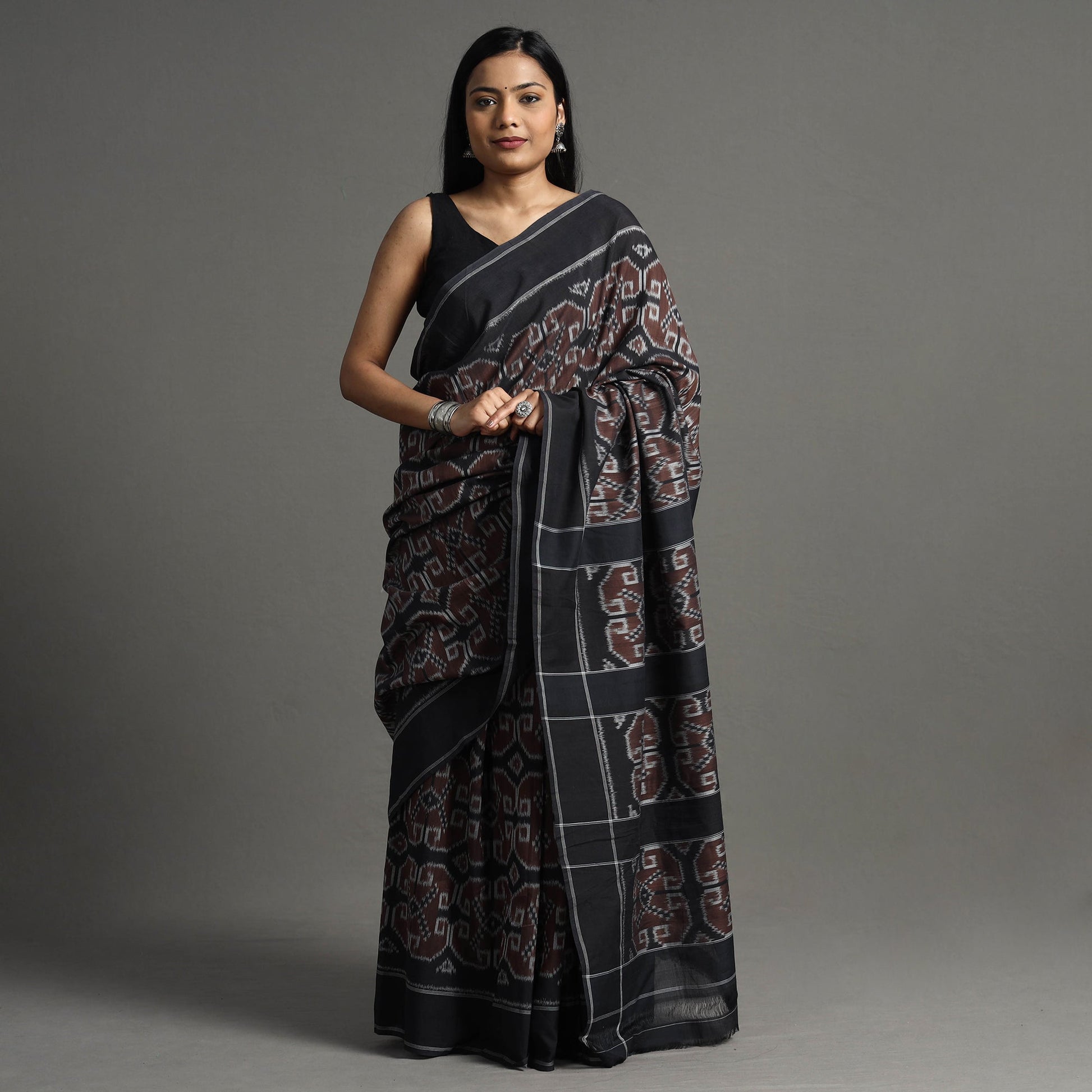 Brown - Pochampally Ikat Weave Handloom Cotton Saree