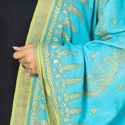 Blue - Bengal Kantha Embroidery Cotton Handloom Dupatta