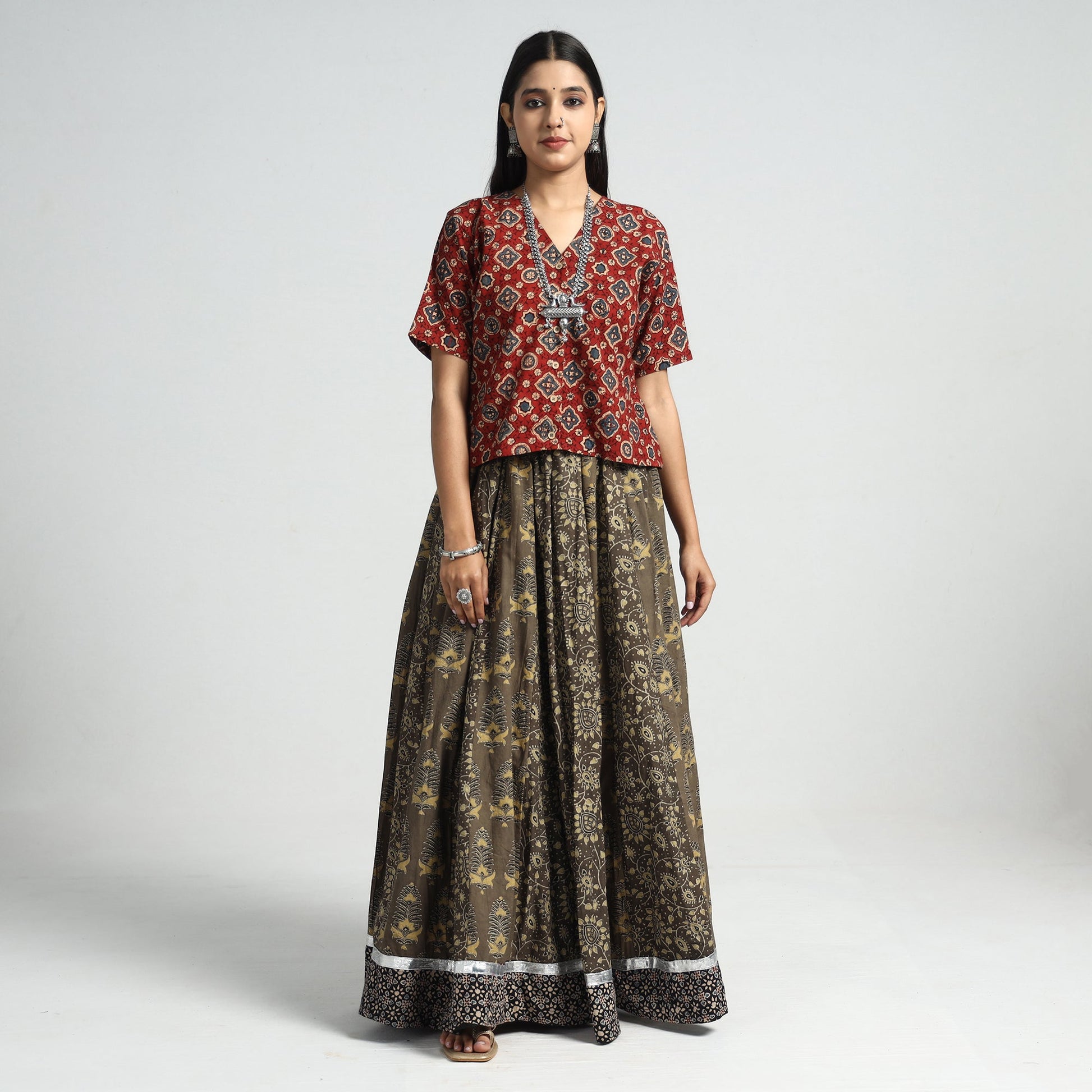 Brown - Ajrakh Block Printed 24 Kali Patchwork Cotton Long Skirt