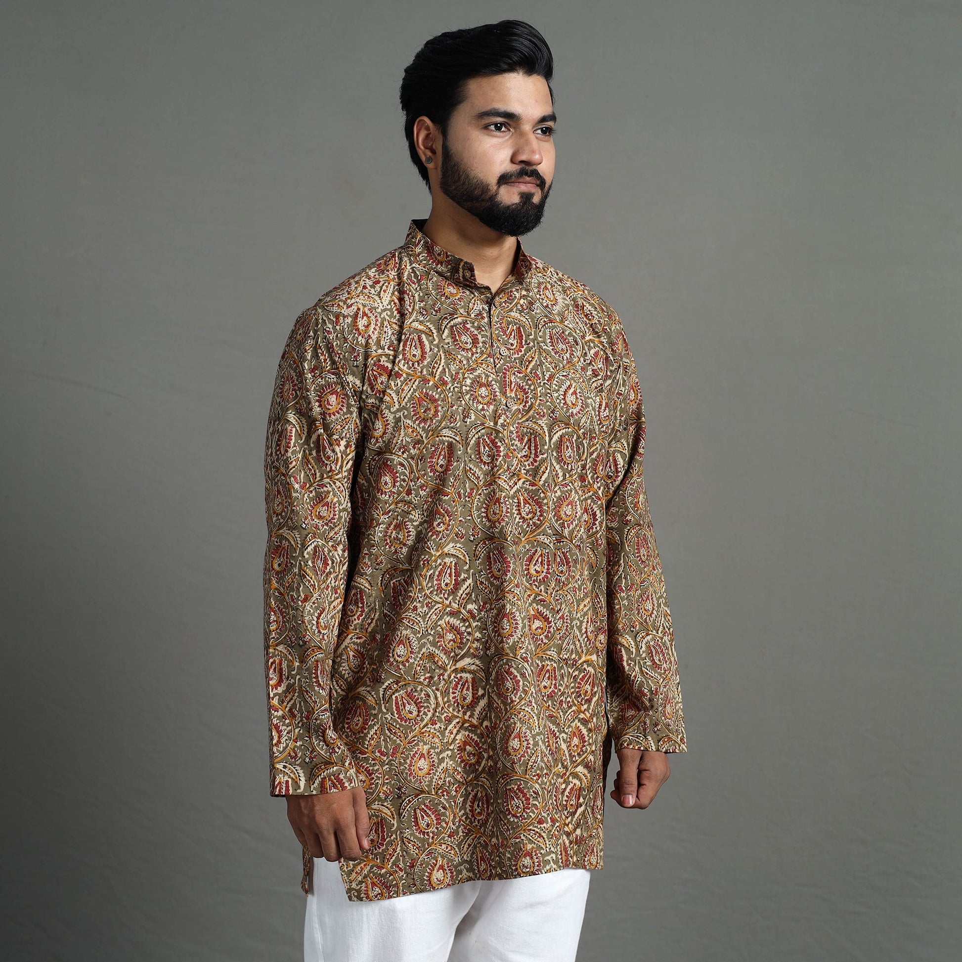 Brown - Kalamkari Block Printed Cotton Men Short Kurta