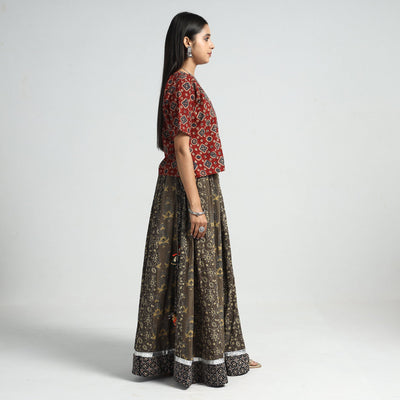 Brown - Ajrakh Block Printed 24 Kali Patchwork Cotton Long Skirt
