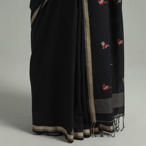 Black - Handloom Cotton Phulia Jamdani Saree with Tassels 03