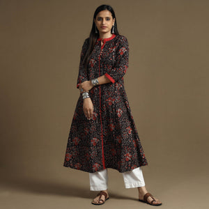 Brown - Bagru Hand Block Printed Cotton A-Line Long Kurta