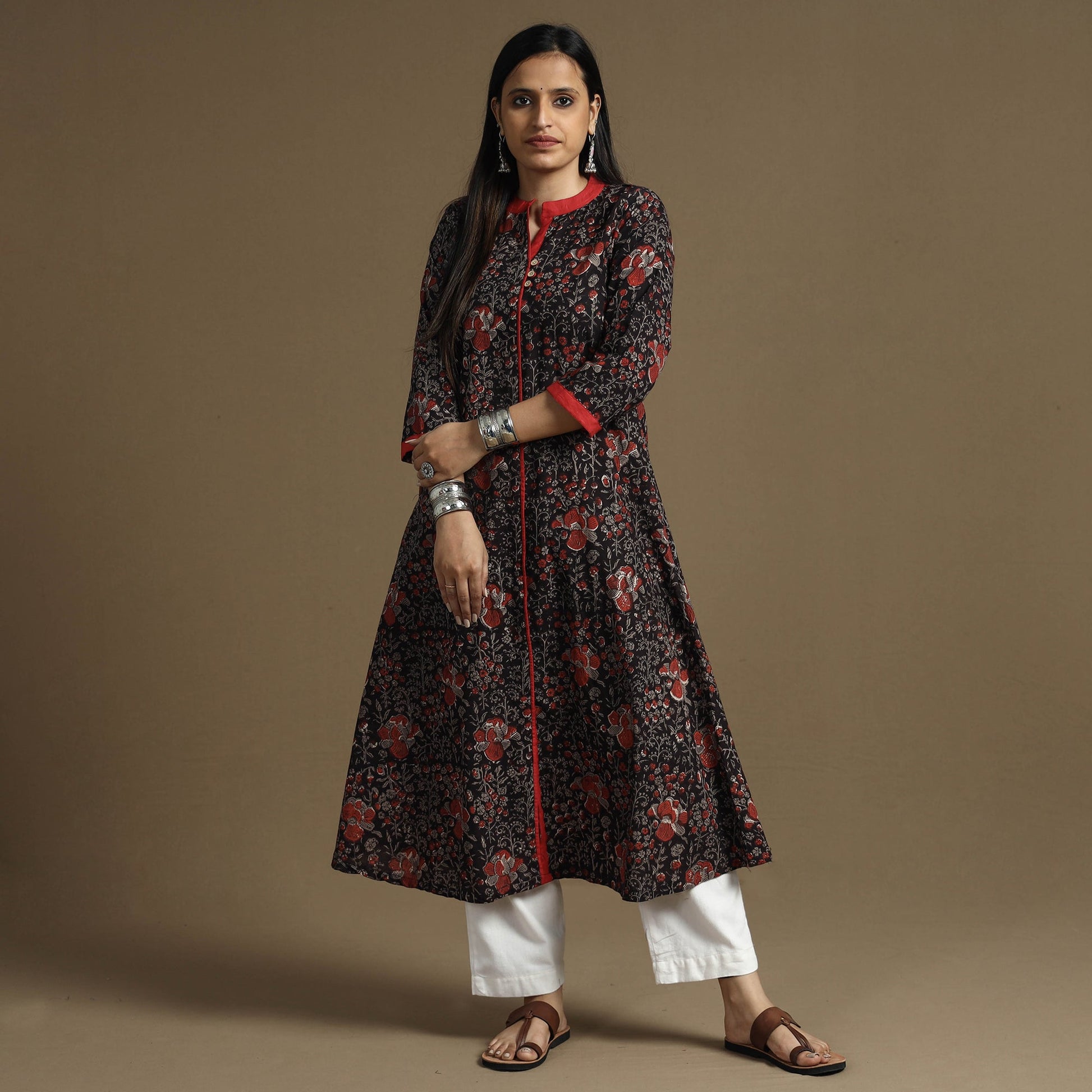 Brown - Bagru Hand Block Printed Cotton A-Line Long Kurta