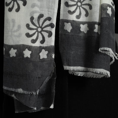 Black - Pure Wool Block Print Sanganeri Stole 48