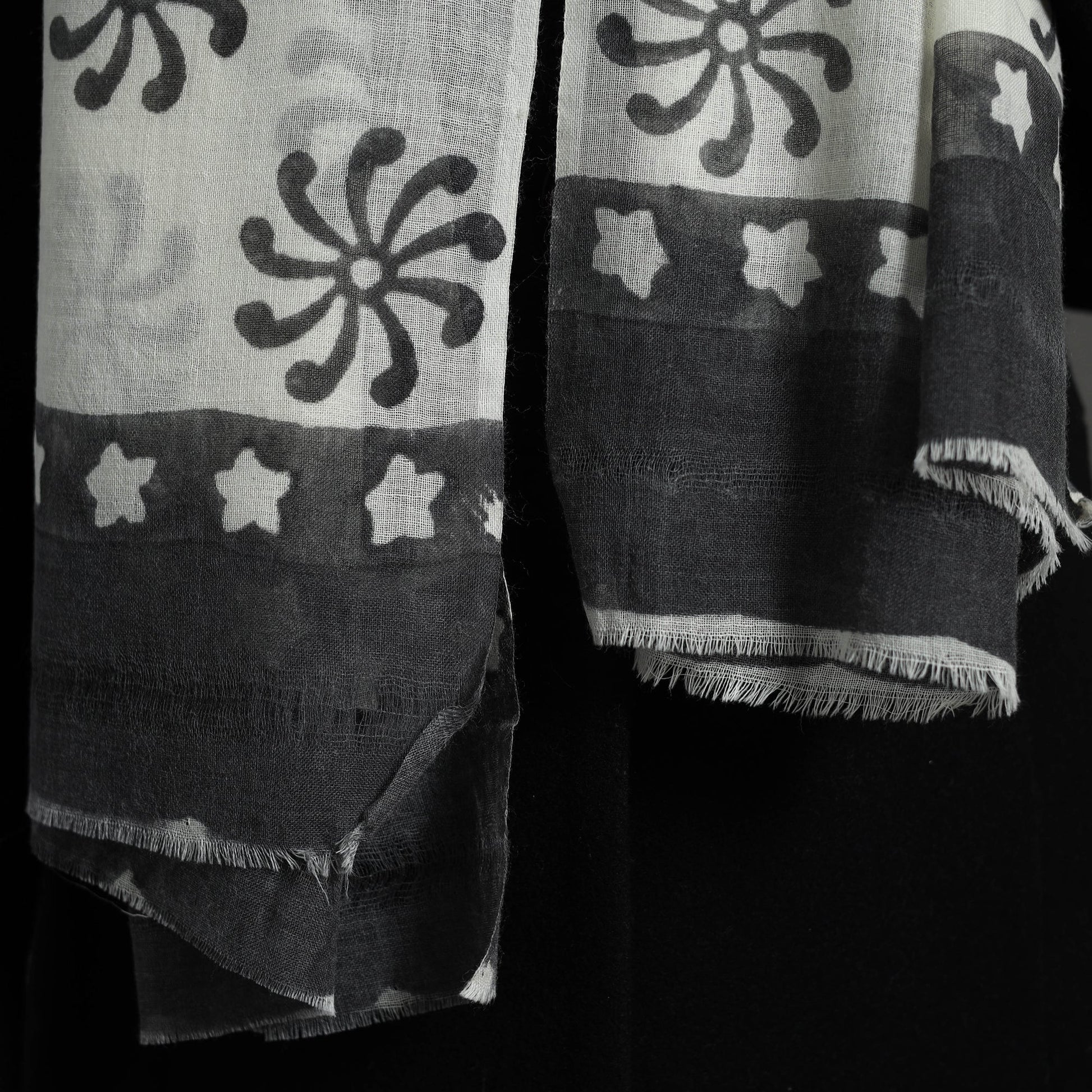 Black - Pure Wool Block Print Sanganeri Stole 48