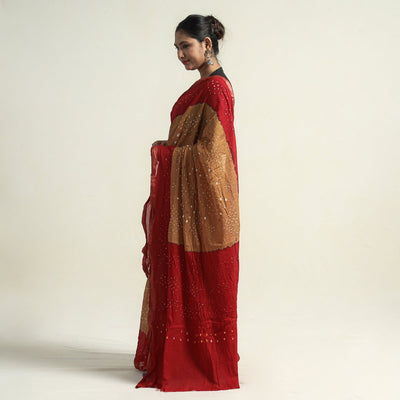 Brown - Kutch Bandhani Tie-Dye Cotton Saree with Blouse Piece