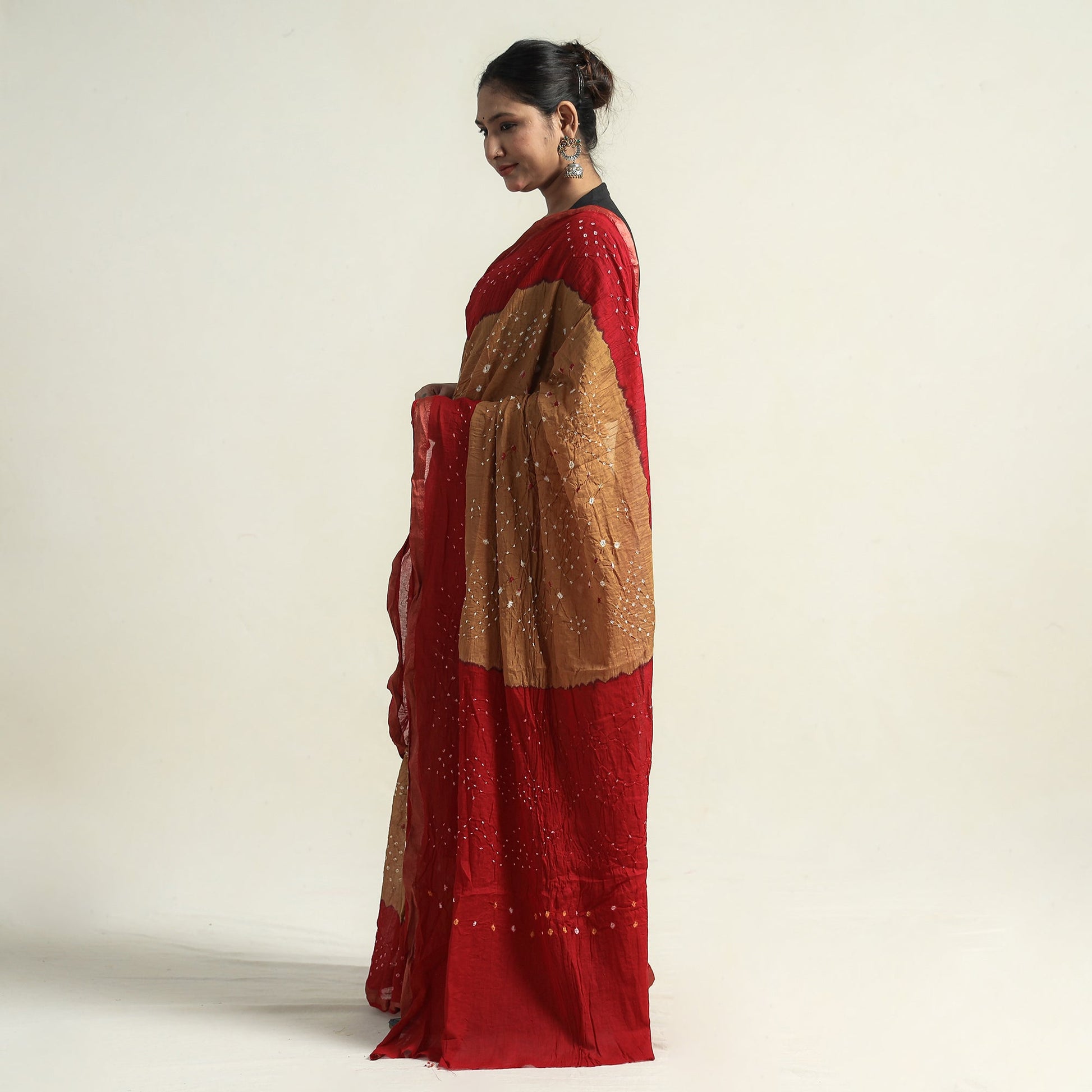 Brown - Kutch Bandhani Tie-Dye Cotton Saree with Blouse Piece