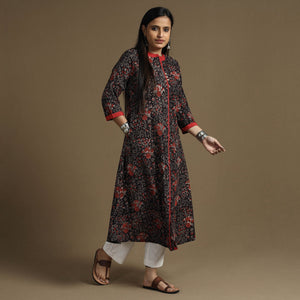 Brown - Bagru Hand Block Printed Cotton A-Line Long Kurta