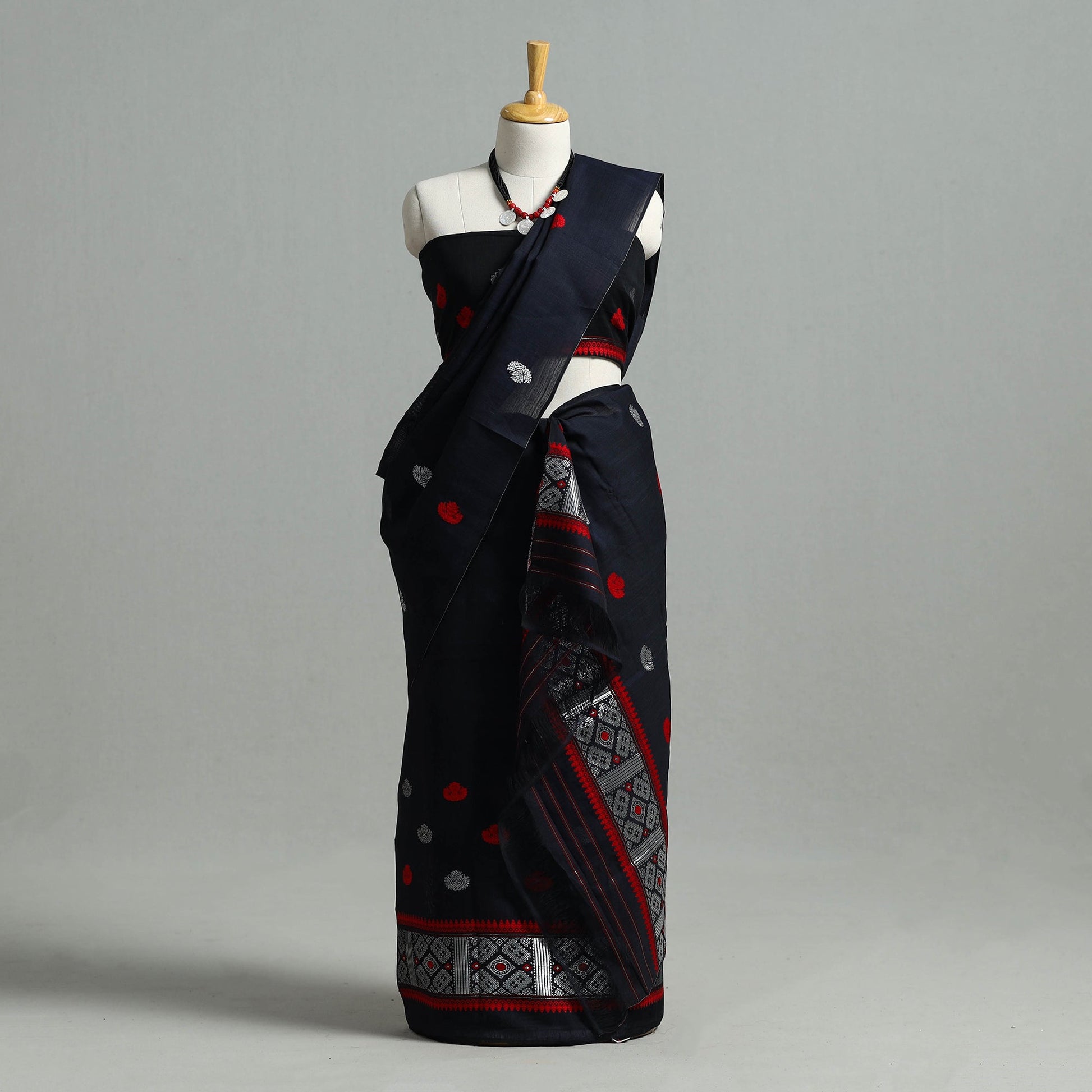 Black - Assam Handloom Tussar Mekhela Chador with Blouse Piece 12
