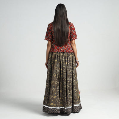 Brown - Ajrakh Block Printed 24 Kali Patchwork Cotton Long Skirt
