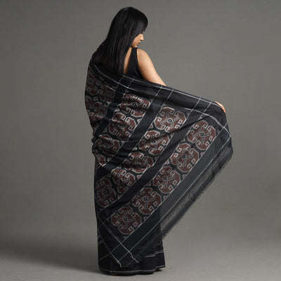 Brown - Pochampally Ikat Weave Handloom Cotton Saree