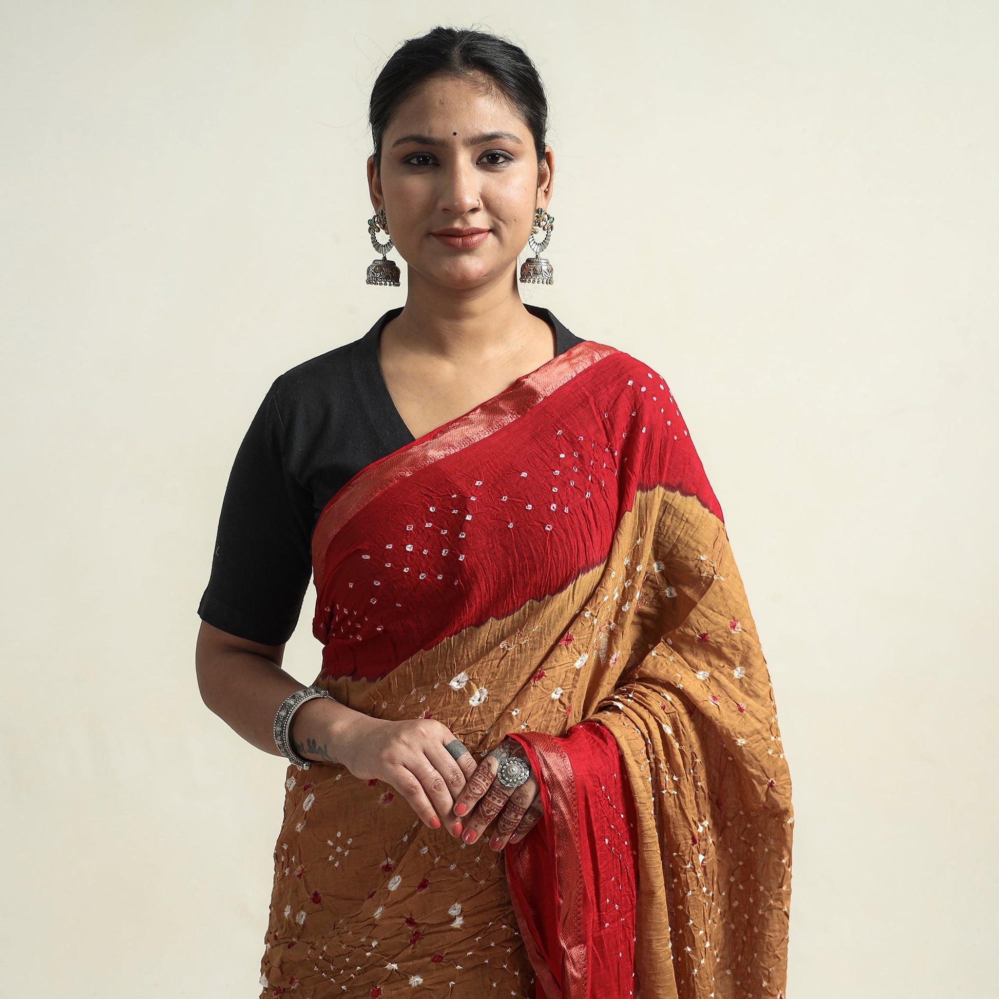 Brown - Kutch Bandhani Tie-Dye Cotton Saree with Blouse Piece