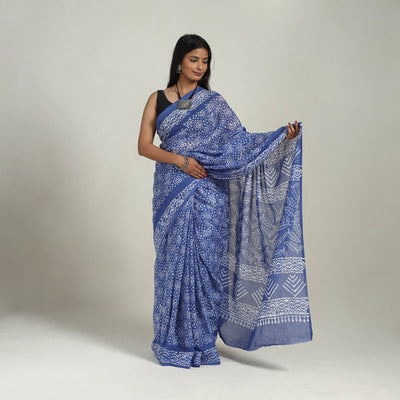 Blue - Cotton Hand Batik Print Saree 04
