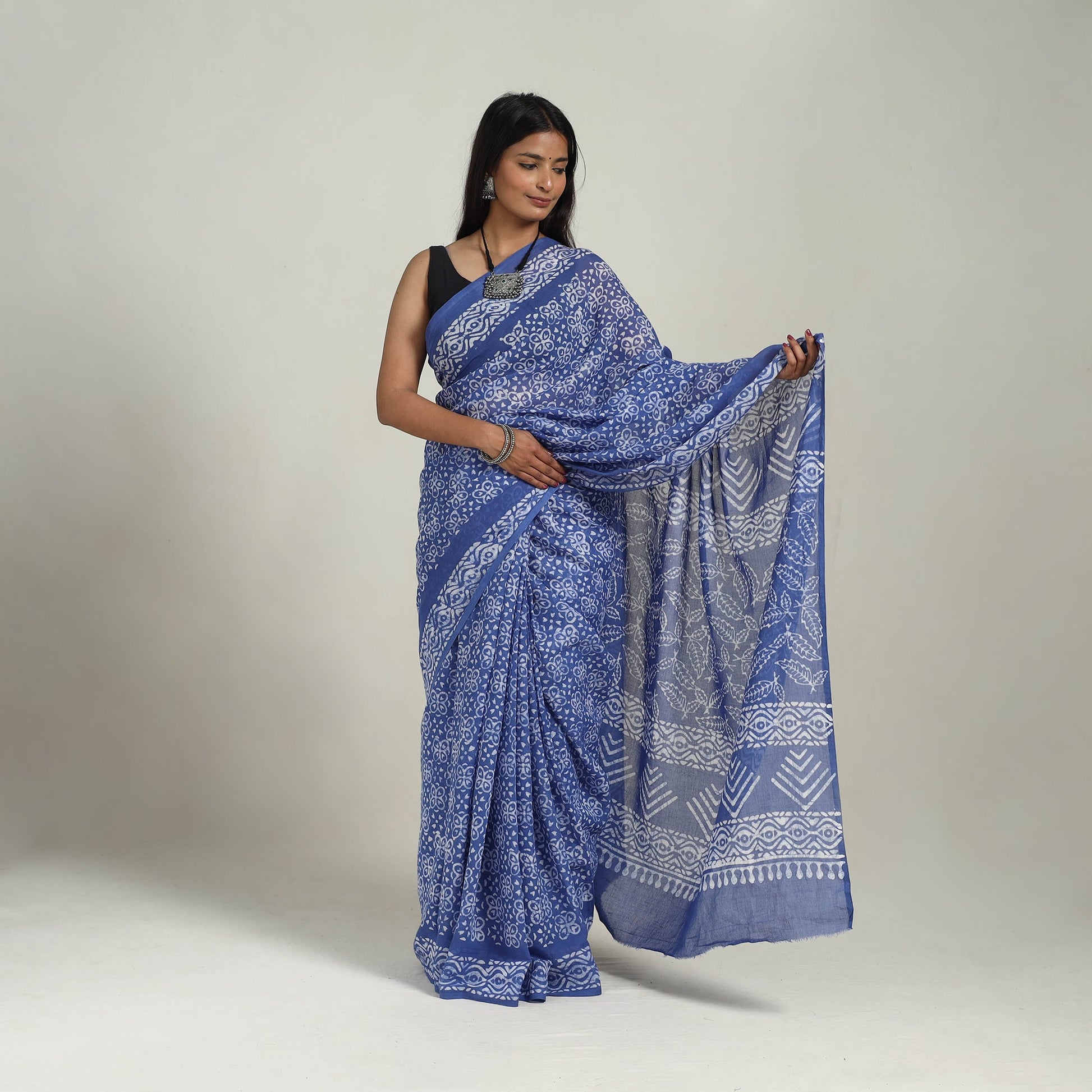 Blue - Cotton Hand Batik Print Saree 04