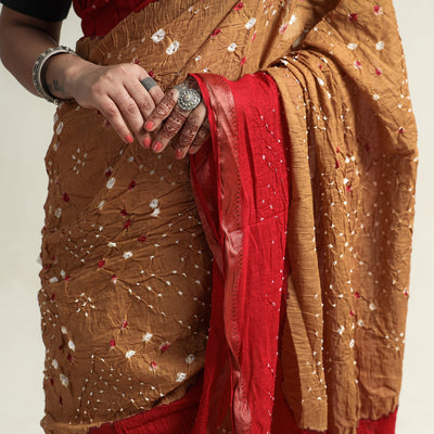 Brown - Kutch Bandhani Tie-Dye Cotton Saree with Blouse Piece