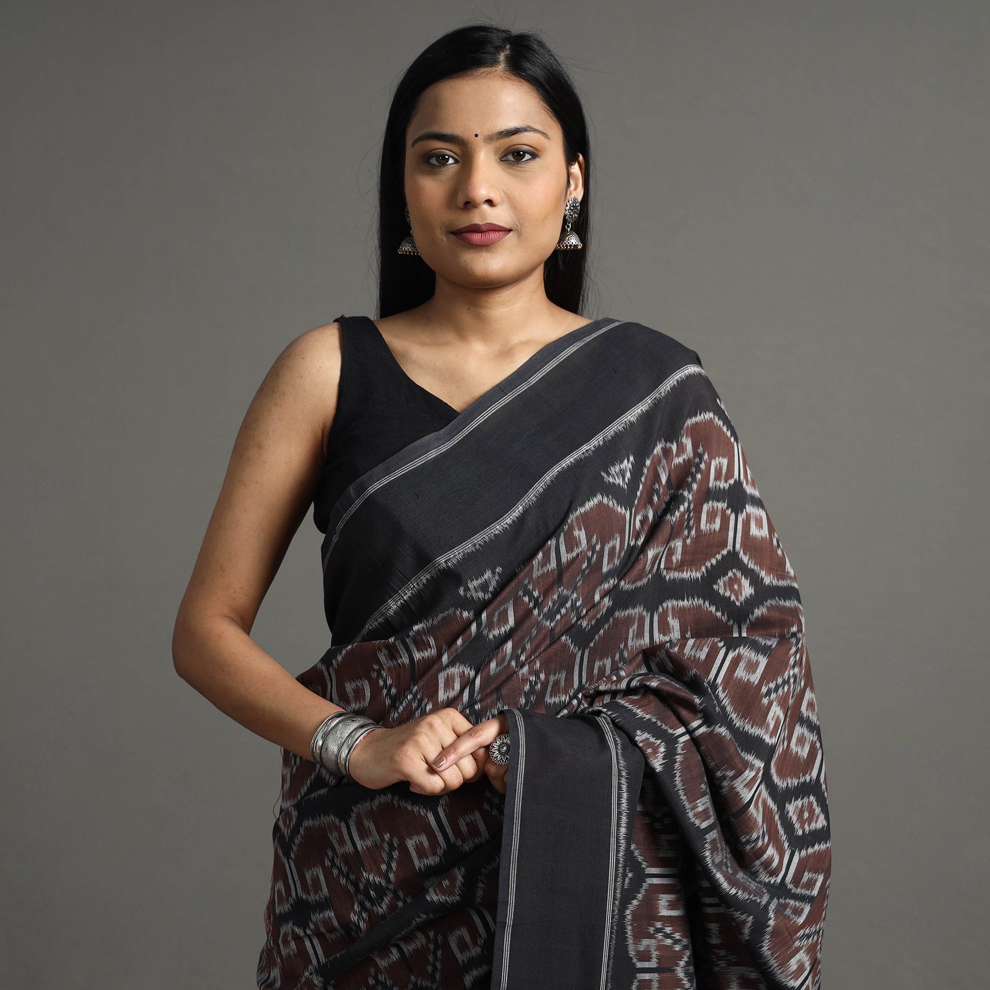 Brown - Pochampally Ikat Weave Handloom Cotton Saree
