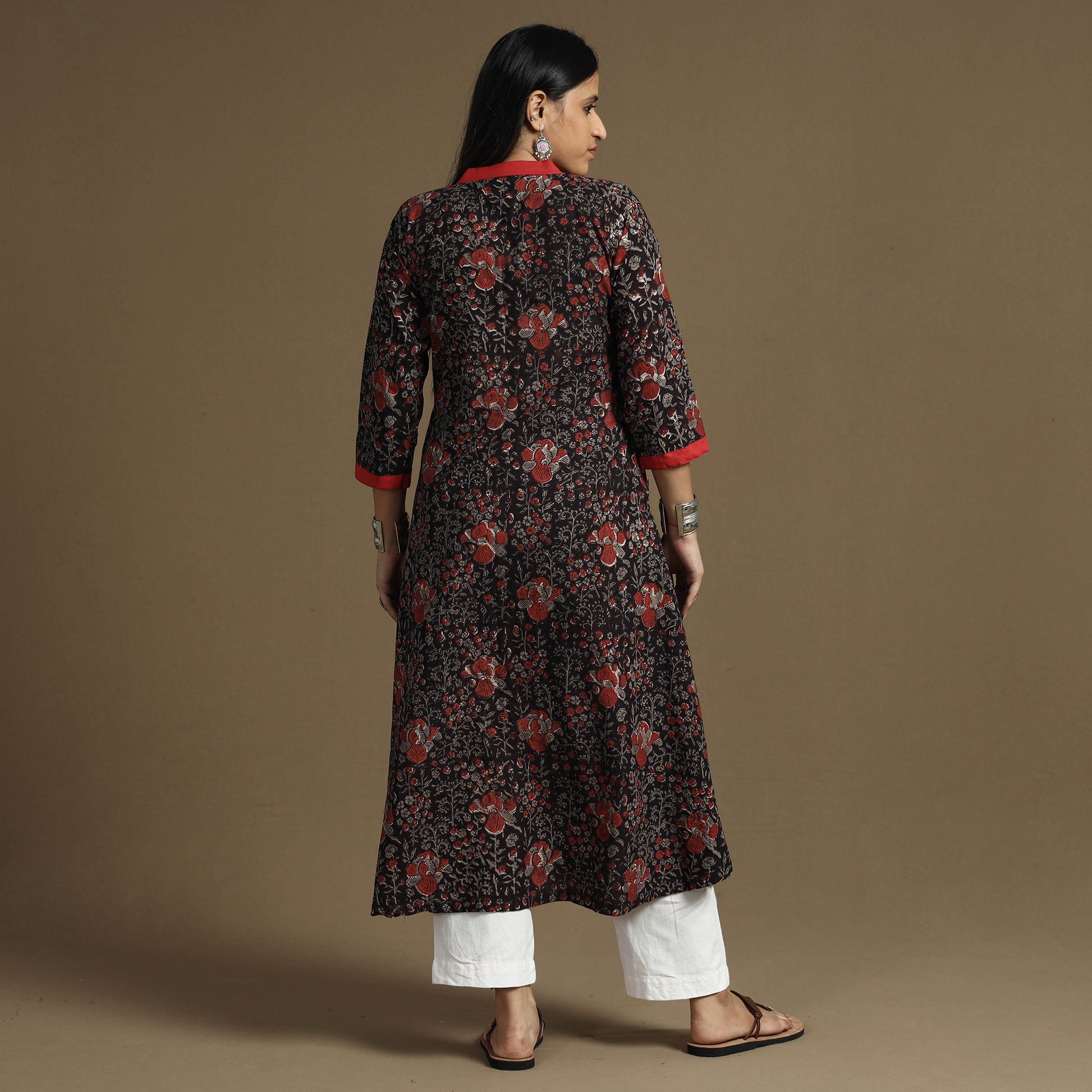 Brown - Bagru Hand Block Printed Cotton A-Line Long Kurta