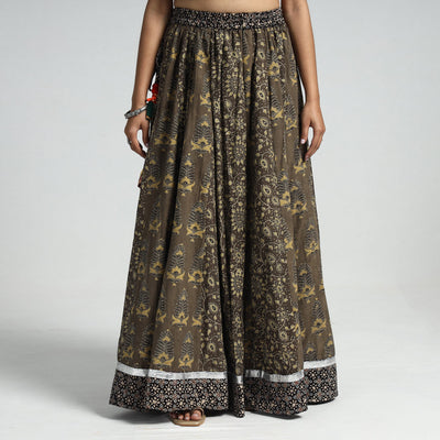 Brown - Ajrakh Block Printed 24 Kali Patchwork Cotton Long Skirt