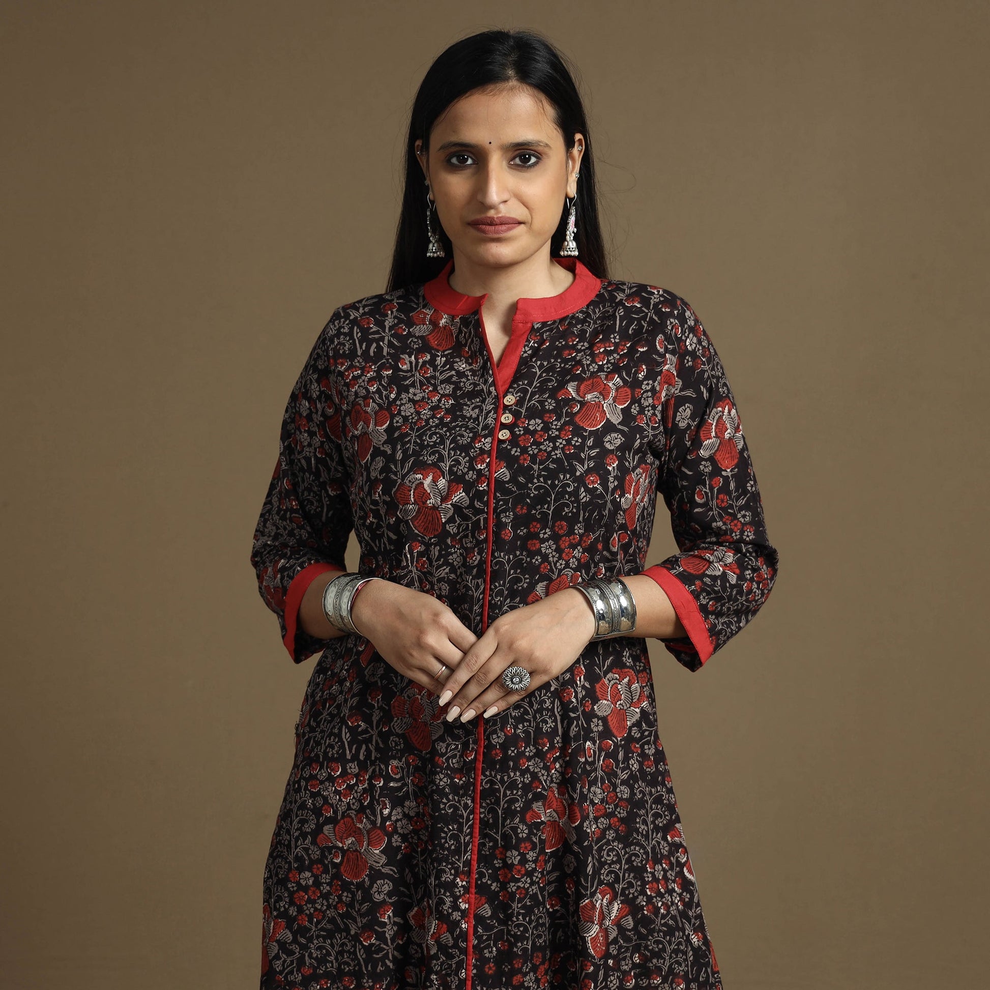 Brown - Bagru Hand Block Printed Cotton A-Line Long Kurta
