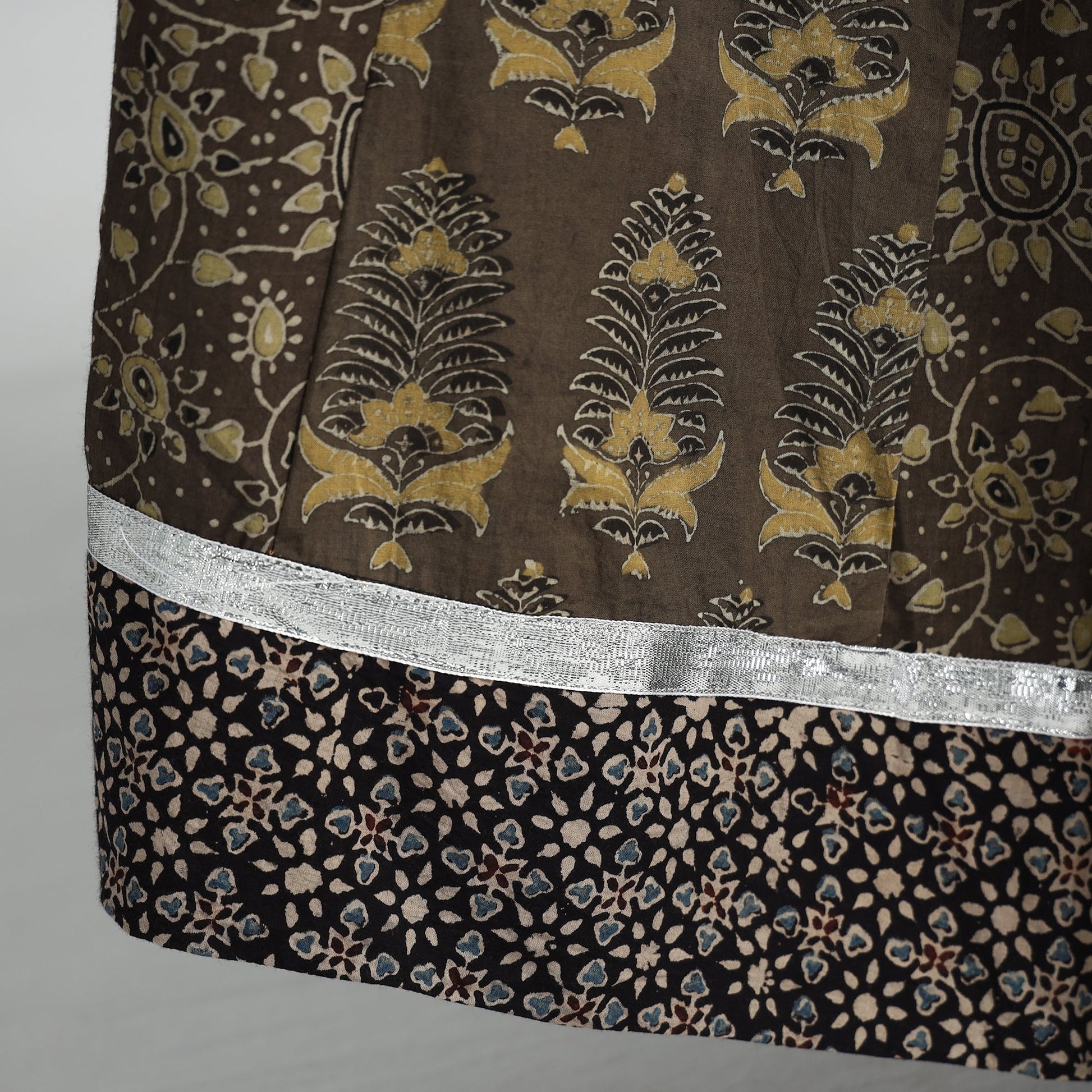 Brown - Ajrakh Block Printed 24 Kali Patchwork Cotton Long Skirt