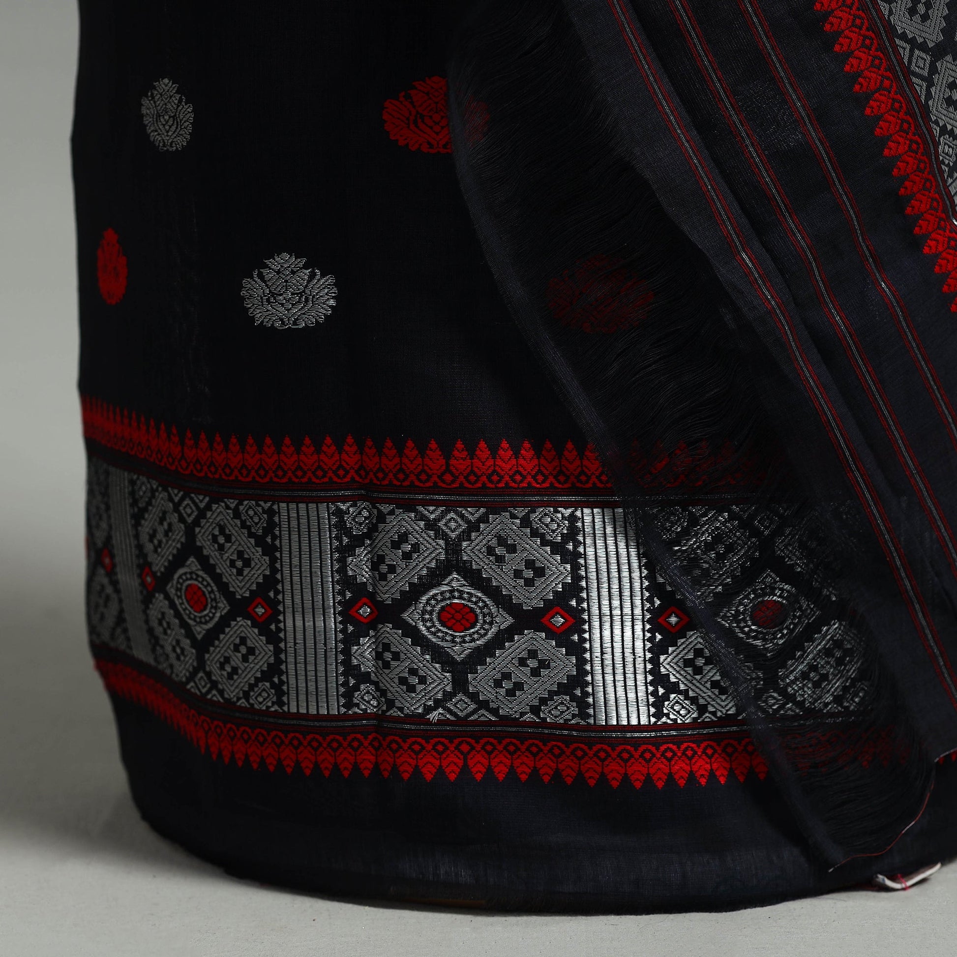 Black - Assam Handloom Tussar Mekhela Chador with Blouse Piece 12