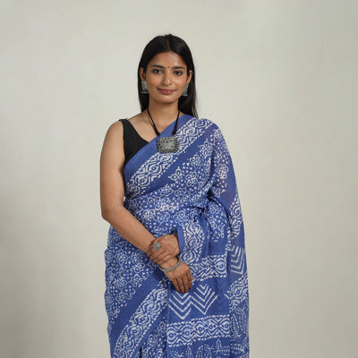 Blue - Cotton Hand Batik Print Saree 04