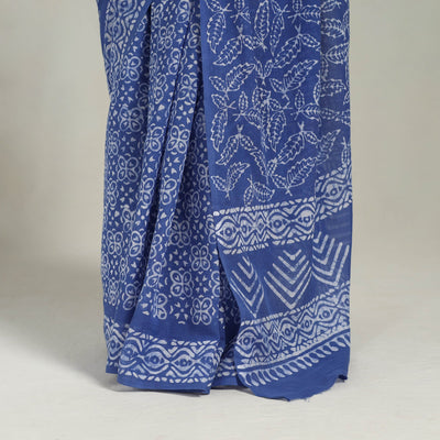 Blue - Cotton Hand Batik Print Saree 04
