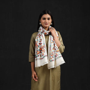Beige - Handloom Tussar Silk Bengal Kantha Work Stole 05