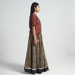 Brown - Ajrakh Block Printed 24 Kali Patchwork Cotton Long Skirt
