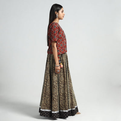 Brown - Ajrakh Block Printed 24 Kali Patchwork Cotton Long Skirt