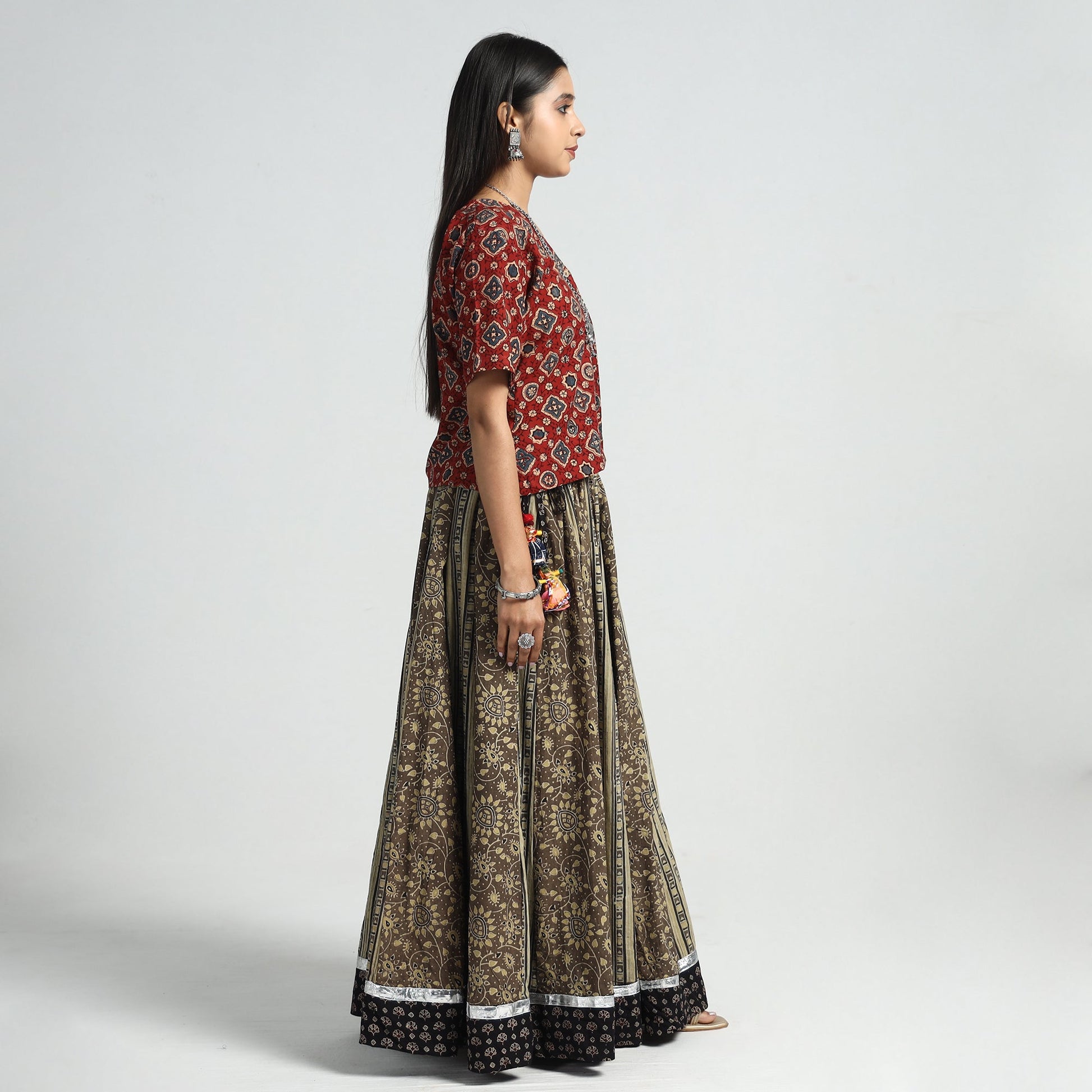 Brown - Ajrakh Block Printed 24 Kali Patchwork Cotton Long Skirt