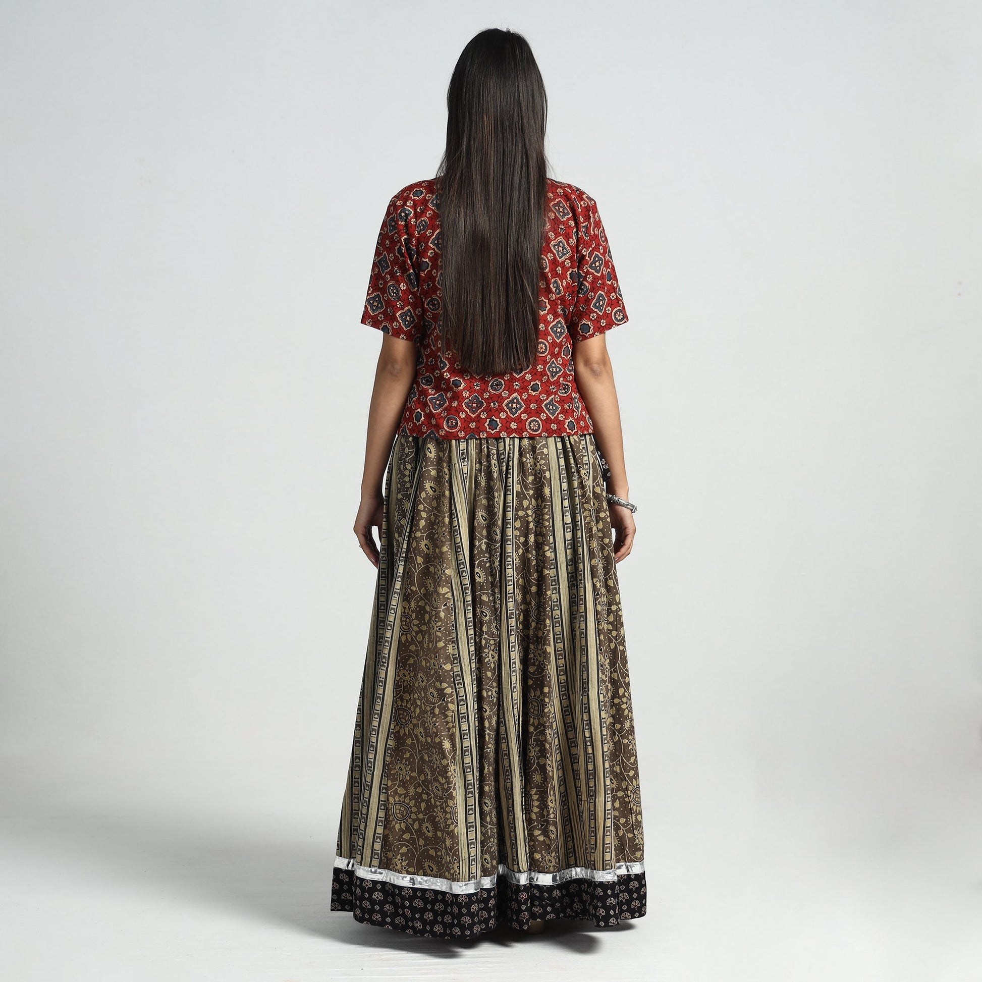 Brown - Ajrakh Block Printed 24 Kali Patchwork Cotton Long Skirt