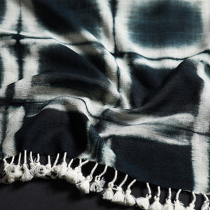 Black - Kutch Handwoven Clamp Dyed Shibori Silk x Wool Stole with Tassels