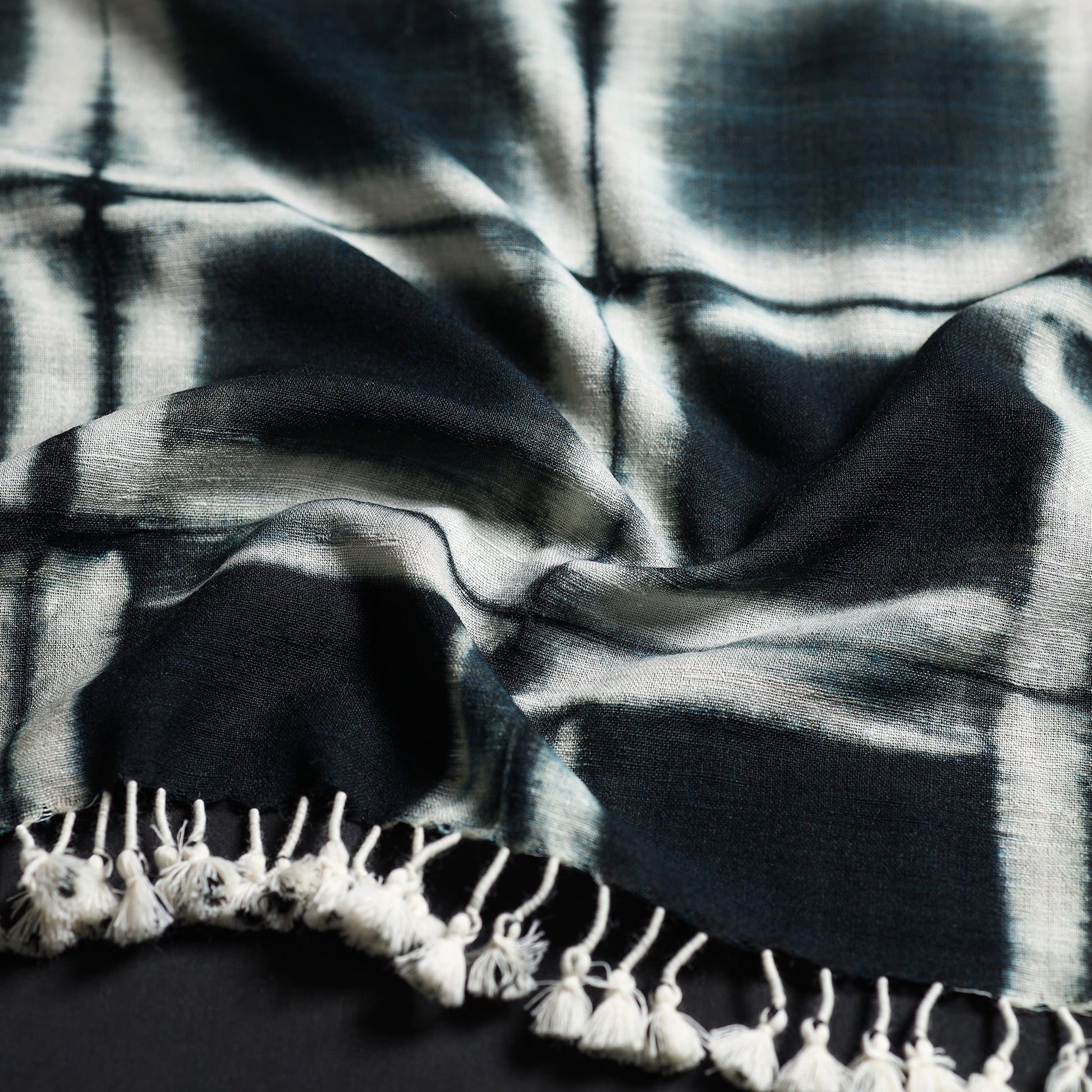 Black - Kutch Handwoven Clamp Dyed Shibori Silk x Wool Stole with Tassels