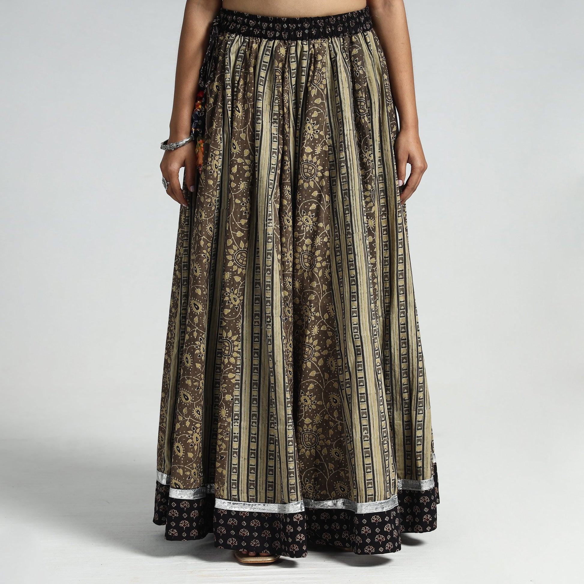Brown - Ajrakh Block Printed 24 Kali Patchwork Cotton Long Skirt