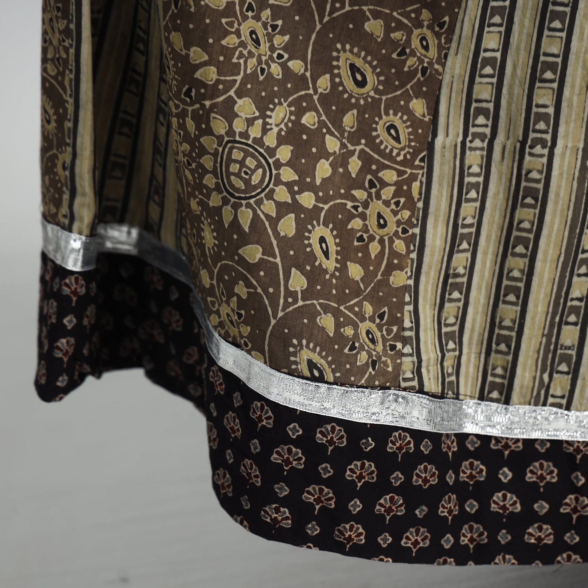 Brown - Ajrakh Block Printed 24 Kali Patchwork Cotton Long Skirt
