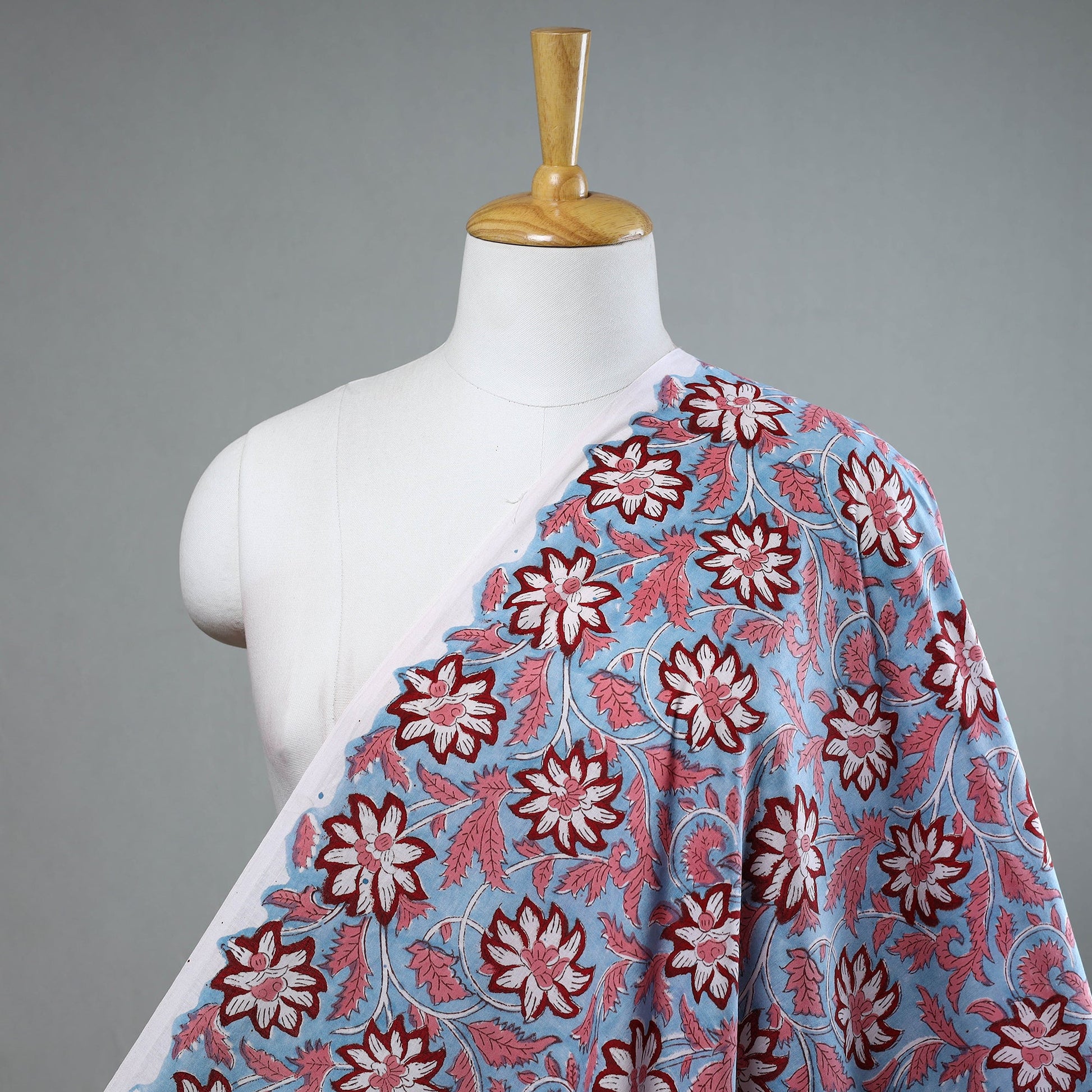 Blue - Floral Sanganeri Block Print Cotton Fabric 11
