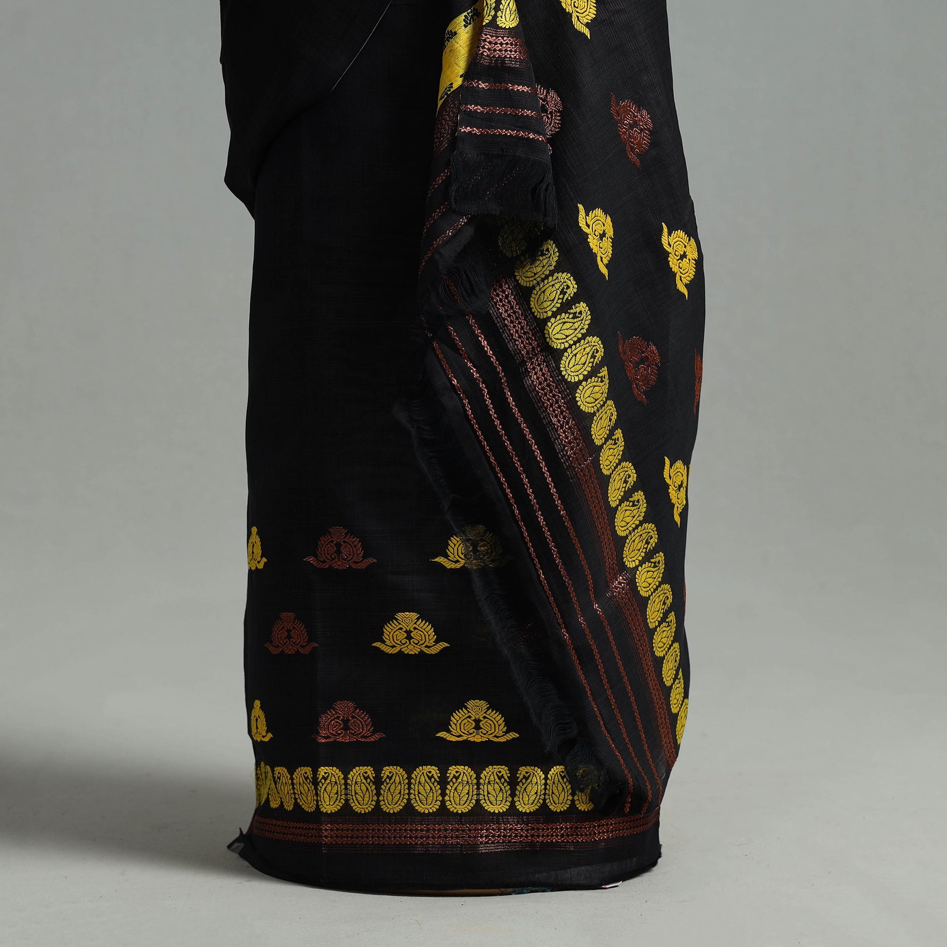 Black - Assam Handloom Tussar Mekhela Chador with Blouse Piece 14