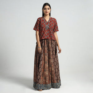 Brown - 24 Kali Patchwork Block Printed Cotton Ajrakh Skirt
