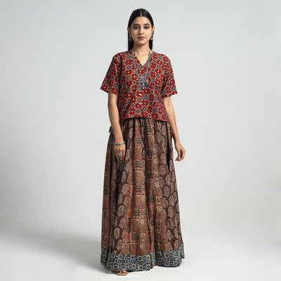 Brown - 24 Kali Patchwork Block Printed Cotton Ajrakh Skirt