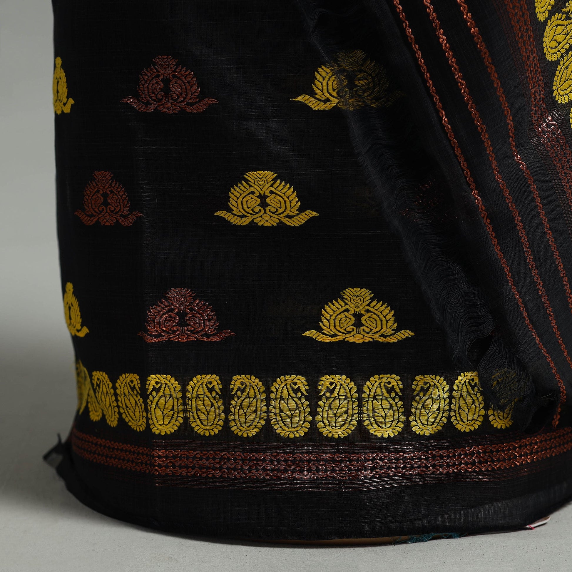 Black - Assam Handloom Tussar Mekhela Chador with Blouse Piece 14